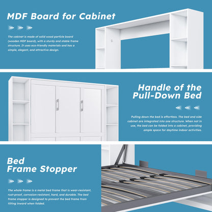 KEIKI Queen Size Murphy Bed Chest, Folding Cabinet Wall Bed Frame with Storage Shelves, Sapce Saving Hideaway Cabinets Beds Frames for Apartment Bedroom Guest Room, Wood Slats Support, White