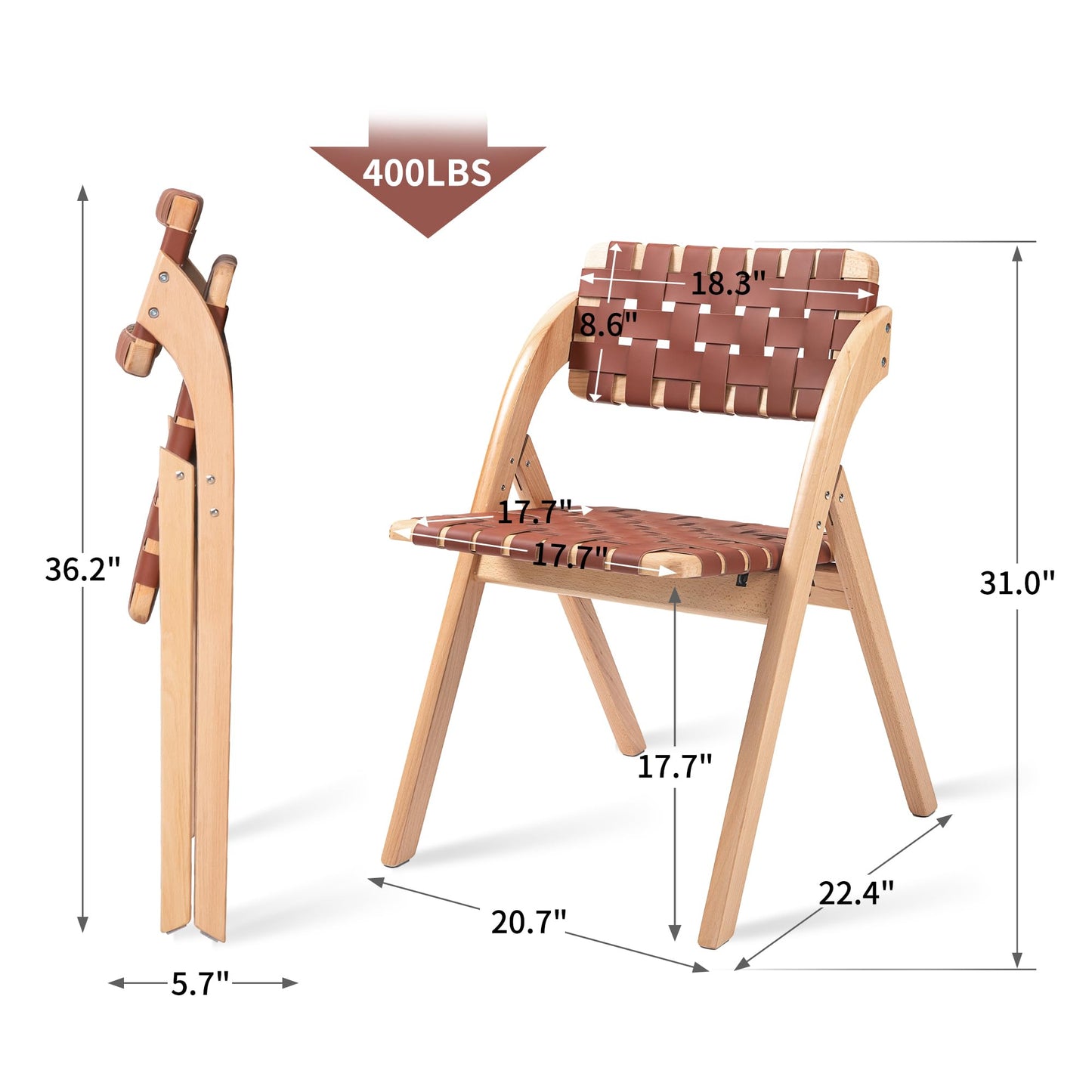 HOMEFUN Folding Dining Chairs Set of 2, Wooden Foldable Chair with Leather-Woven Backrest and Widened Seat Extra for Guests Kitchen Office Wedding Picnic Brown