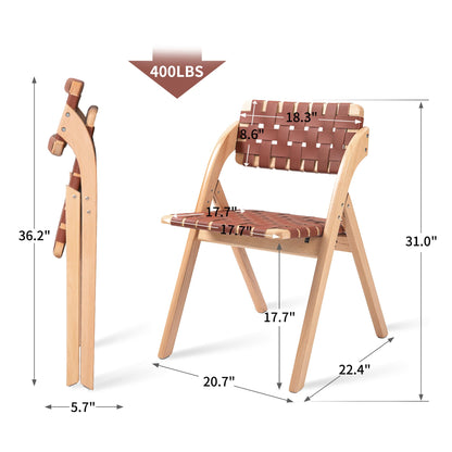 HOMEFUN Folding Dining Chairs Set of 2, Wooden Foldable Chair with Leather-Woven Backrest and Widened Seat Extra for Guests Kitchen Office Wedding Picnic Brown