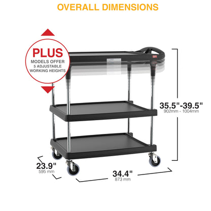 Metro myCart Plus Utility Cart - Choose-Your-Height Adjustable Heavy Duty Rolling Cart for Home, Commercial and Industrial Use - 3-Shelf, 400 lbs Capacity - 23.9" W x 34.4" L x 35.5-39.5" H - Black