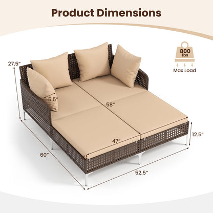 Tangkula Outdoor Rattan Double Daybed, Boho Wicker Chaise Lounge for 2 with Seat & Back Cushions, Outdoor Sunbed Loveseat with Metal Support for Backyard, Poolside & Deck (Brown)