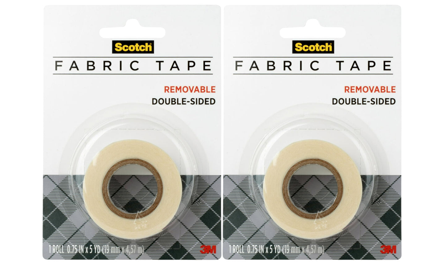 Scotch Removable Fabric Tape, 3/4 in x 180 in (15 ft), 2 Rolls – Double-Sided No-Sew Hemming Tape for Temporary Clothing Hems, Curtains, Crafts, DIY Repairs, Repositionable and Fabric-Safe