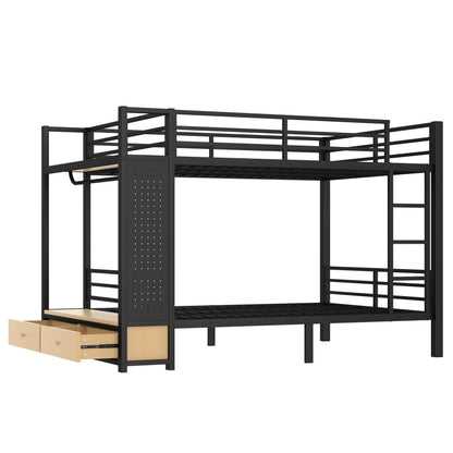 Bellemave Queen Over Queen Metal Bunk Bed with Storage Drawers and Shelves, Heavy Duty Bunk Beds with Pegboard and Coat Rack for Kids, Adults,Black