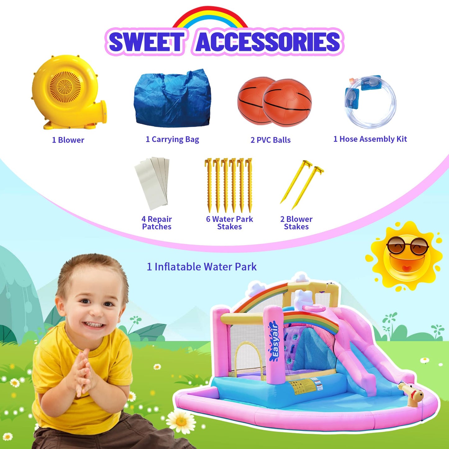 Easyair Inflatable Bounce House Water Slide Combo, Blow Up Water Slides for Backyard, Kids Jumper with Climbing Wall, Basketball Hoop, Splash Pool with Blower