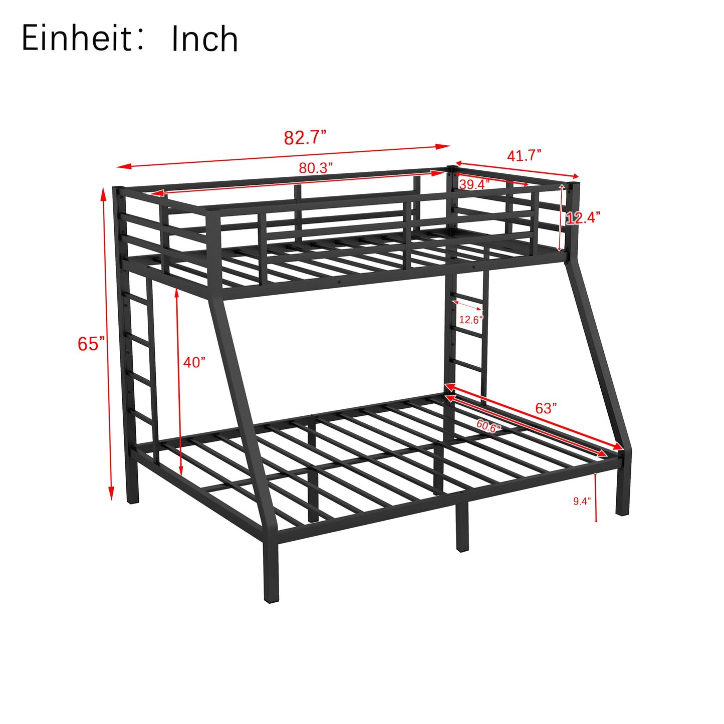 Bellemave Twin XL Over Queen Bunk Bed for Adults, Twin XL Over Queen Bunk Beds Frame with 2 Ladder and Full Length Guardrail, Easy Assemble, Mattress Not Included, Black