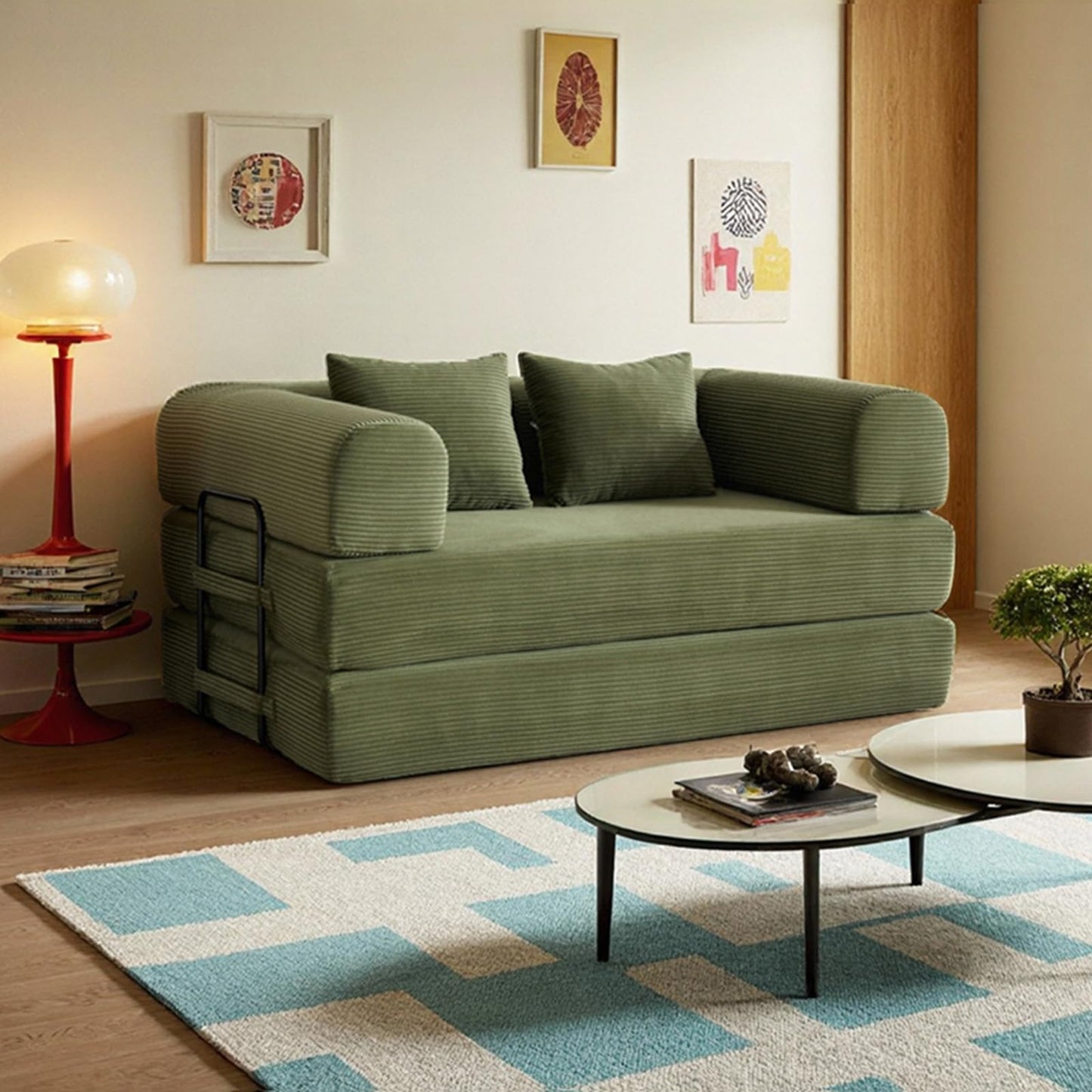 THOLASIS 59in Convertible Sofa Bed, Corduroy Boneless Couch Bed, Futon Sleeper Sofa Pull Out Bed, Foldable Couch for Living Room Apartment, No Assembly Required