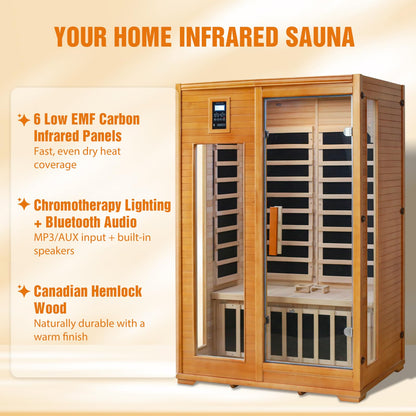 EAGLE PEAK 2 Person Low EMF Far Infrared Sauna, Red Light and Chromotherapy Lighting, Bluetooth Speakers, USB Port, Indoor Dry Heat Sauna, Canadian Hemlock Wood, Brown