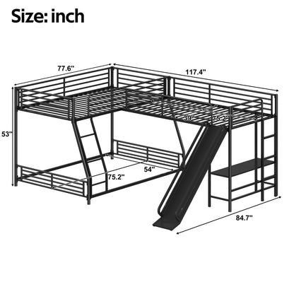 Merax L-Shaped Twin Over Full Bunk Bed with Twin Size Loft Bed, Black Metal Bunk Bed with Built-in Desk and Slide