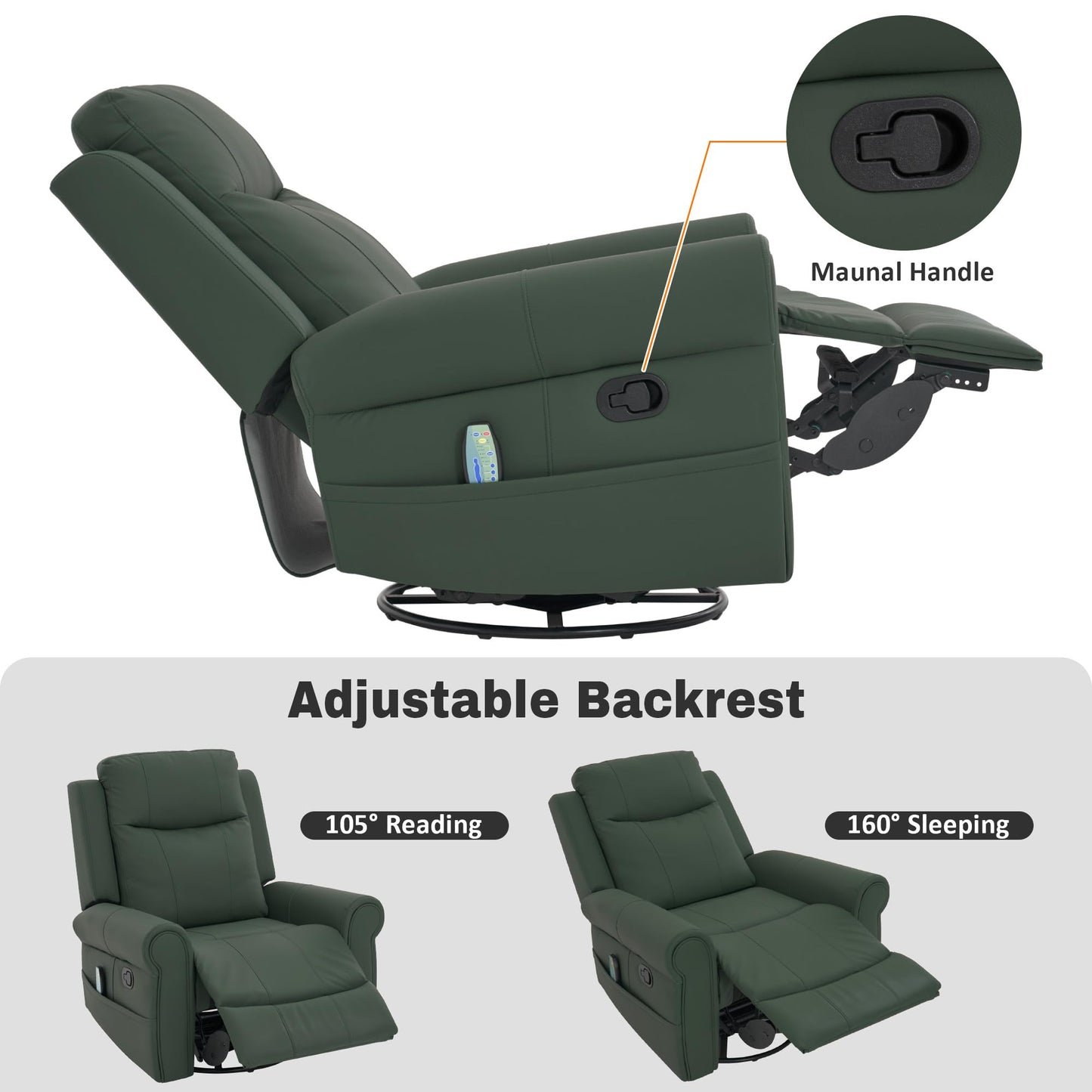 Merax 270°Swivel Rocker Recliner Chair, PU Leather Manual Recliner with Massage and Heating, Dual Reclining Positions and Side Pocket and for Living Room, Bedroom, or Nursery, Green