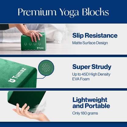 Tumaz Non-Slip Yoga Blocks 2-Pack - High Density/Lightweight EVA Foam & Natural Cork for Stability, Premium Set with E-Book Included