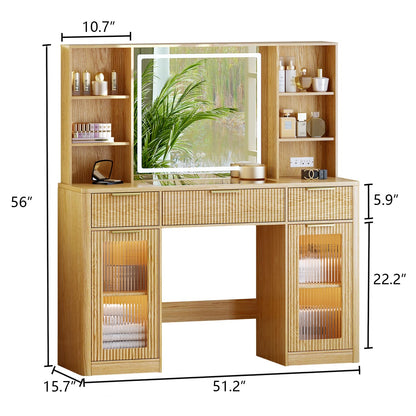 GRUTEUNIT 51" Large Vanity,Modern Fluted Makeup Vanity Desk with Mirror and Lights, Glass Top Vanity with 3 Drawers and 2 Cabinets&Charging Station,Dressing Table for Women and Girls’ bedrooms. Oak