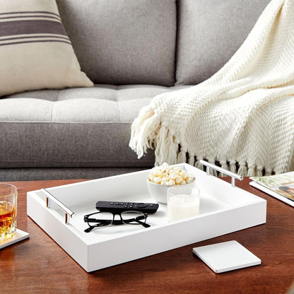 15.7" 11.8" 3.1" Juvale Ottoman Tray with Coasters & Interchangeable Gold & Silver Handles - x x - White Rustic Wood
