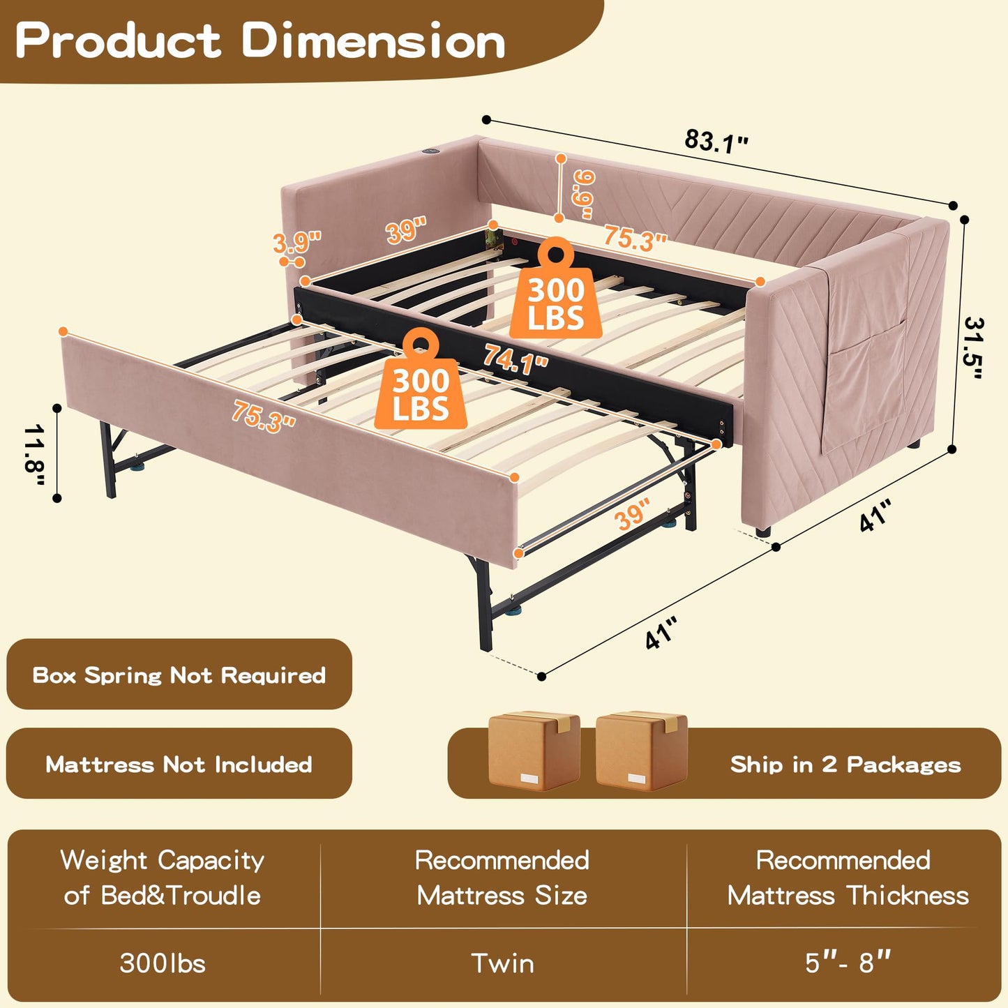 DNYN Velvet Daybed with Pop-up Trundle and USB Ports for Bedroom/Guest/Living Room, Space-Saving Twin Size Bed Frame with Side Pockets and V-Grained Backrest Design, No Box Spring Needed