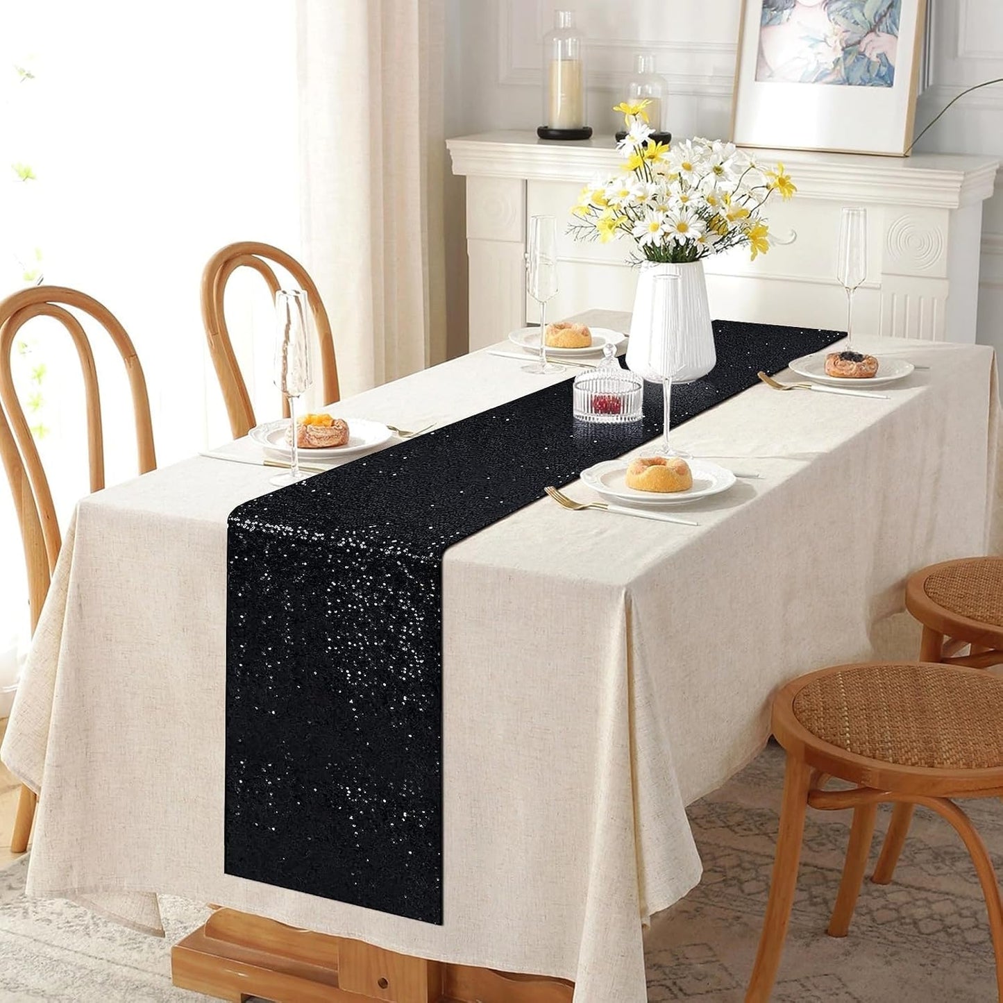 Black Sequin Table Runners, 4 Pack Glitter Table Runner for Parties, Weddings, Halloween, 12''x 72''