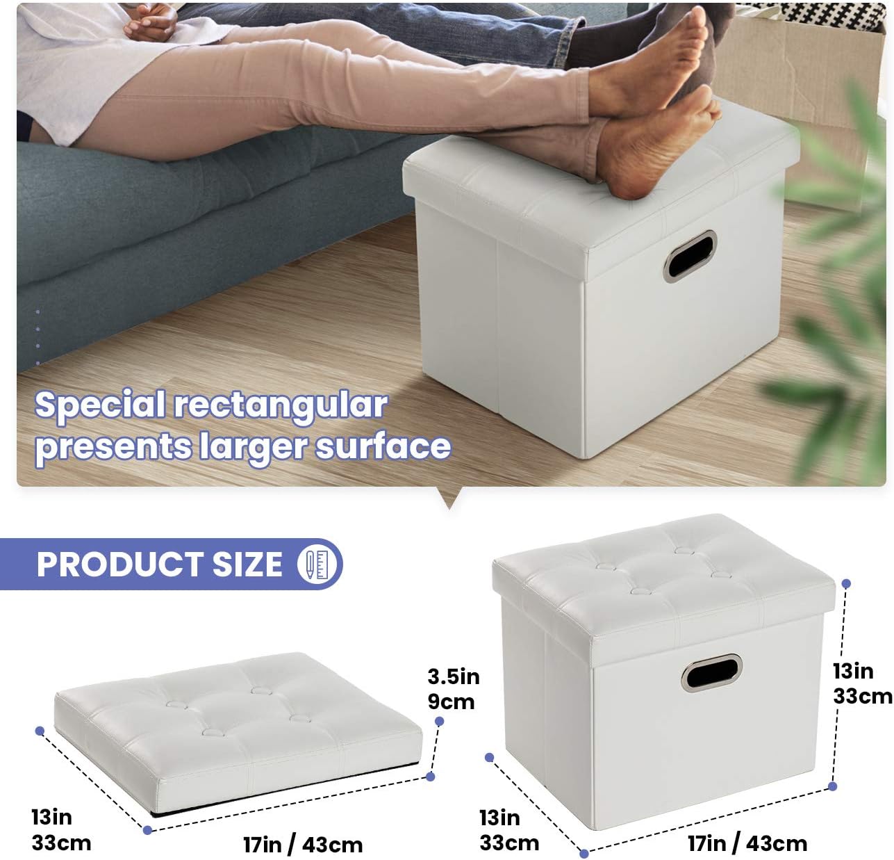 COSYLAND Storage Ottoman 17x13x13in, Leather Rectangle Foot Rest Folding Ottoman for Room Organizer with Handles