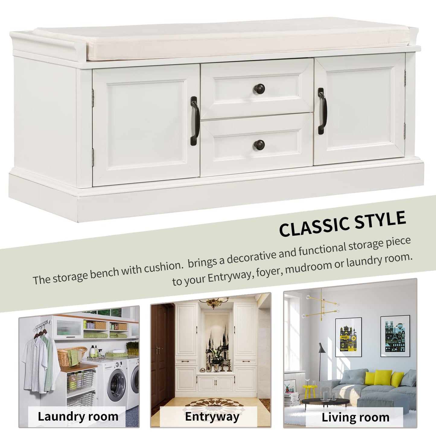 Merax Modern Wood Storage Bench with 2 Drawers and 2 Cabinets for Living Room Bed Room Entryway White