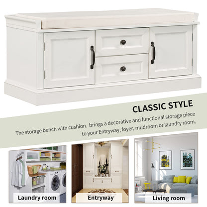 Merax Modern Wood Storage Bench with 2 Drawers and 2 Cabinets for Living Room Bed Room Entryway White