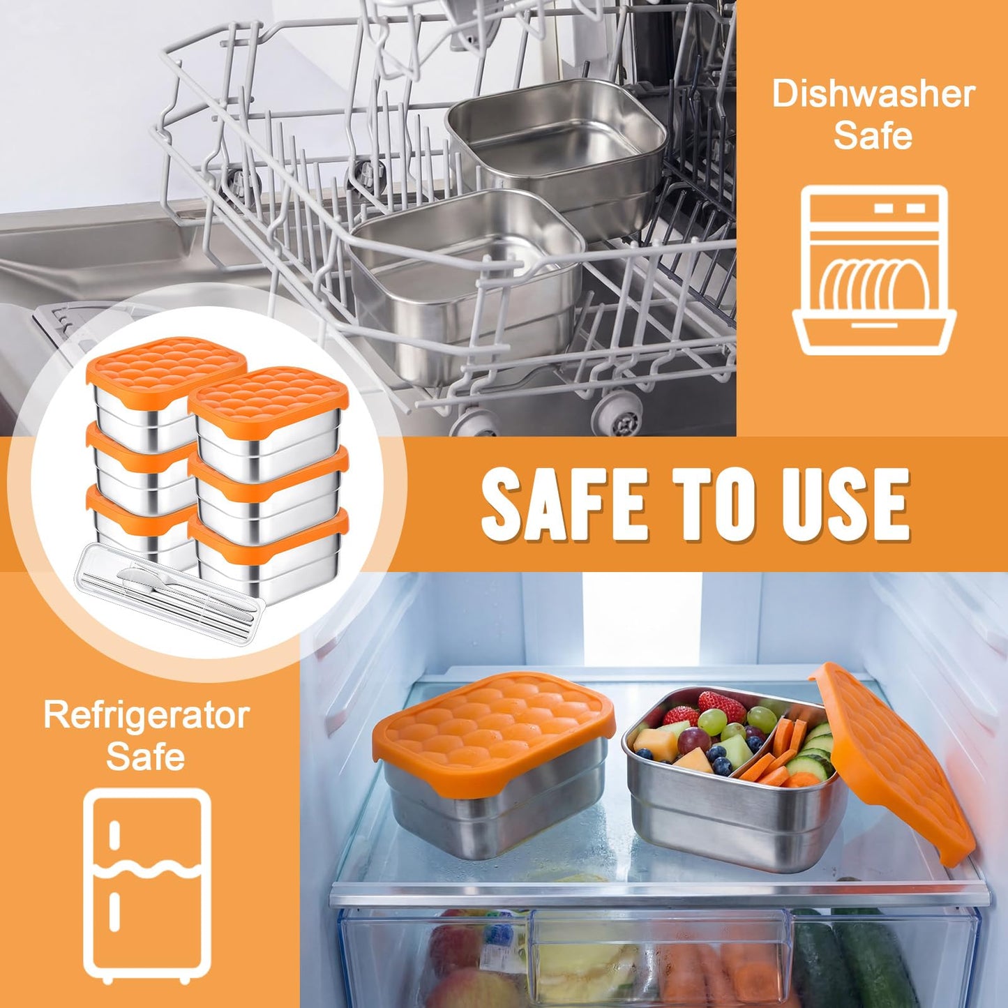 Ferrochef 36 Pcs Stainless Steel Containers with Silicone Lids 14 oz Reusable Food Snack Containers Easy Open Lunch Box Include Chopsticks Knife Fork Spoon with Case for Travel Meal Prep Food Storage