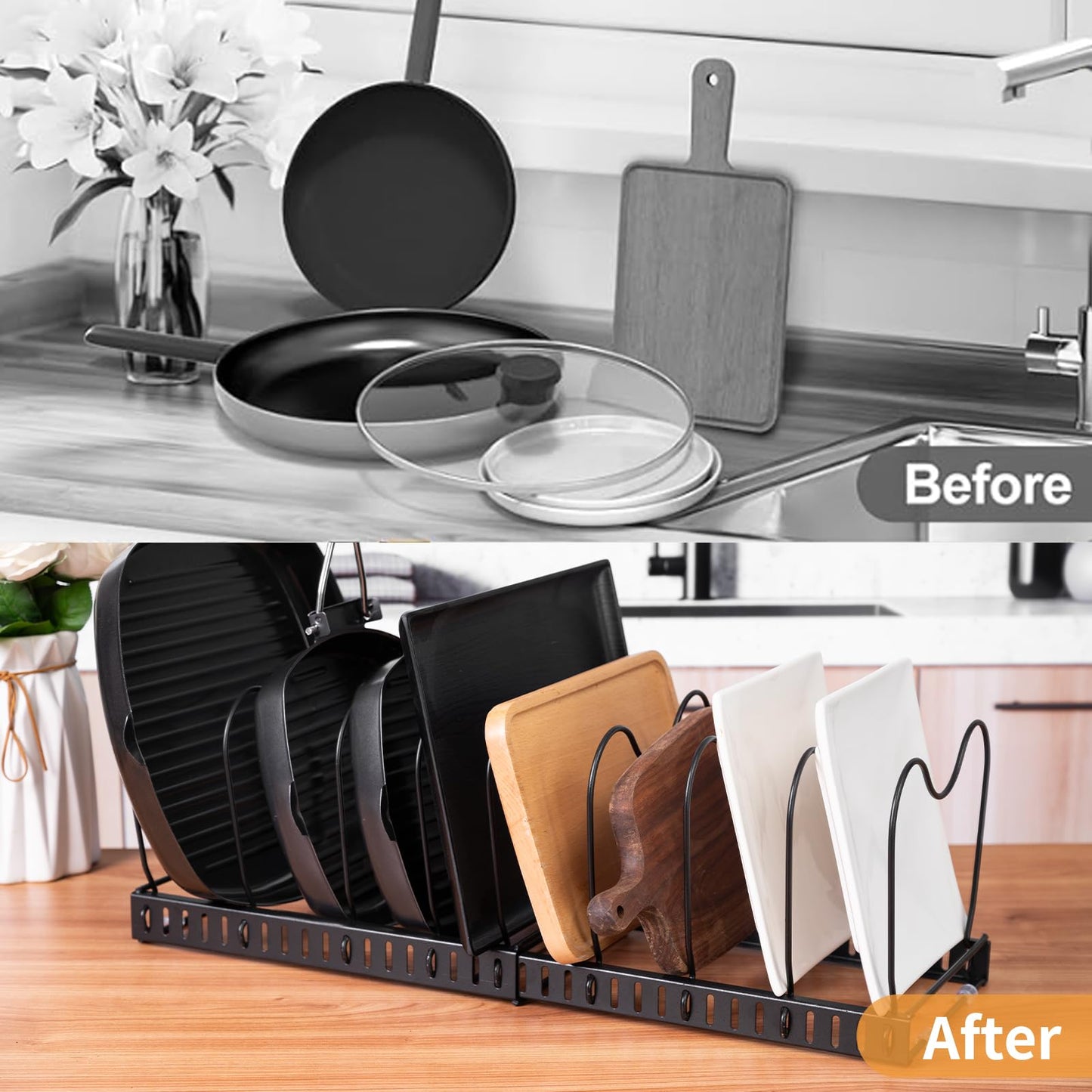 FrutPunch Pots and Pans Organizer,Rack for under Cabinet,Expandable Pot Lid Kitchen Cabinet Organizer Holder, with 10 Adjustable Partitions, Suitable for Kitchen Pan Organizers Inside Cabinet