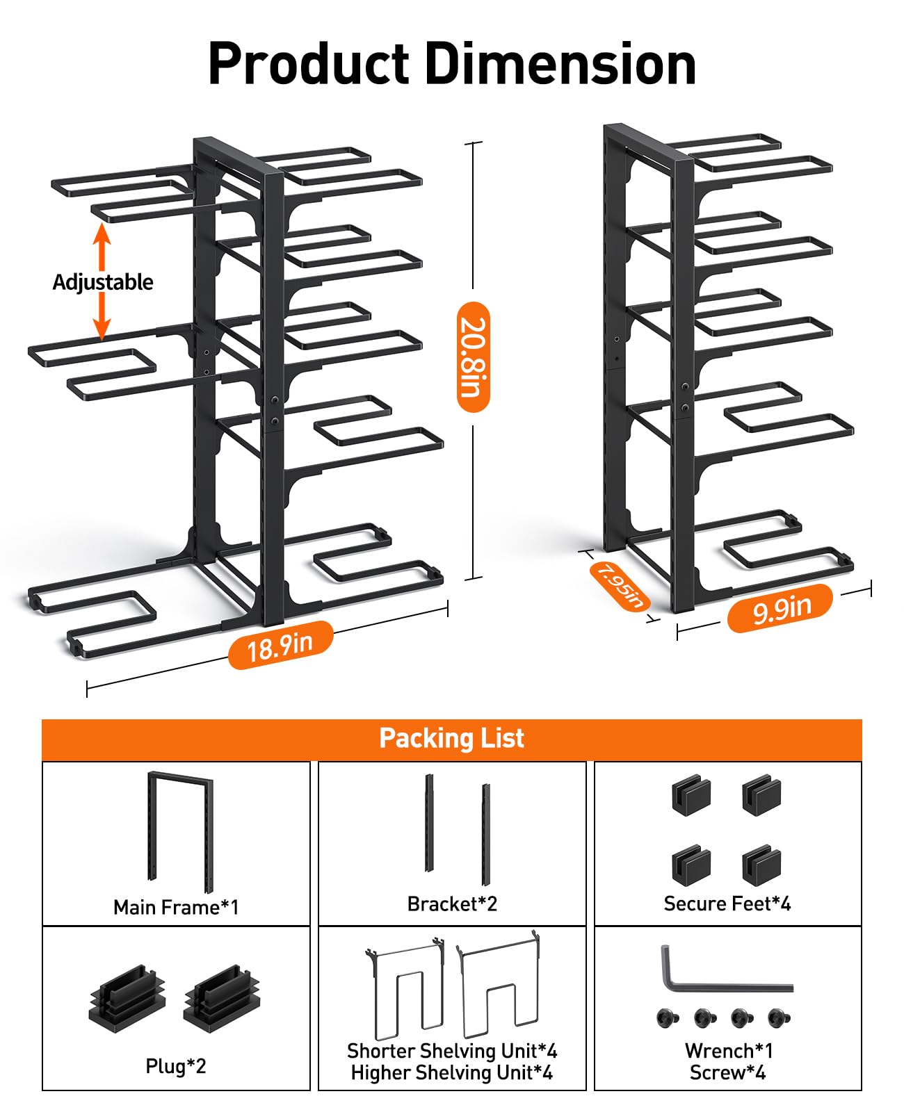 ORDORA Pots and Pans Organizer: under Cabinet, 20.8" Height Heavy Duty 120LBS Pots Pans Organizer Rack for under Cabinet 8-Tier Adjustable for Big Stockpots, Dutch Oven, Cast-iron Pans, Heavy Cookware
