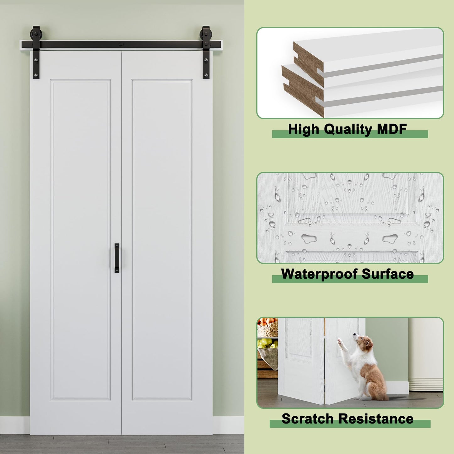 72" x 84" 1 Panel Bifold Barn Door, 80" Track Kit for 4 Closet Doors, Pre-Assembled Panel Bi-fold Barn Door for Pantry, Primed White Finish with Water-Resistant and Scratch-Resistant, Paintable