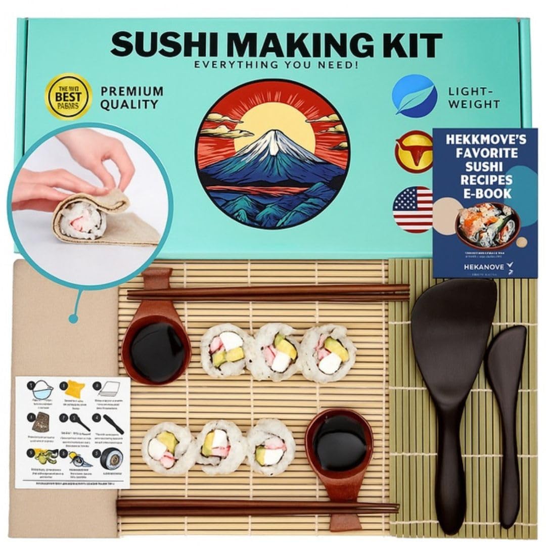 No Plastic Premium Sushi Making Kit for Home, for Beginners or Pro Sushi makers. Made of Premium Wood, includes Tea Cloth, Planet-Friendly, Gift and DIY Home Sushi Kit Experience, Circle Fuji box