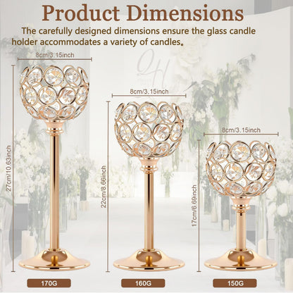 HearthLume Candle Holder Candlestick Holders- 2Set Gold Crystal Pillar Candle Holders,Metal Candlestick Stands for Wedding Centerpieces,Table Decor for Church,Valentine's Day Housewarming Gift,6Pcs