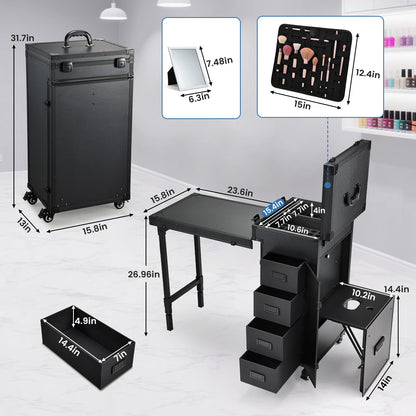 Joligrace Rolling Manicure Table with Pedicure Chair 4 Drawers Rolling Makeup Case Foldable Nail Desk Cosmetology Case on Wheels Brush Pouch Mirror Nail Kits Technician Workstation Artist Trolley