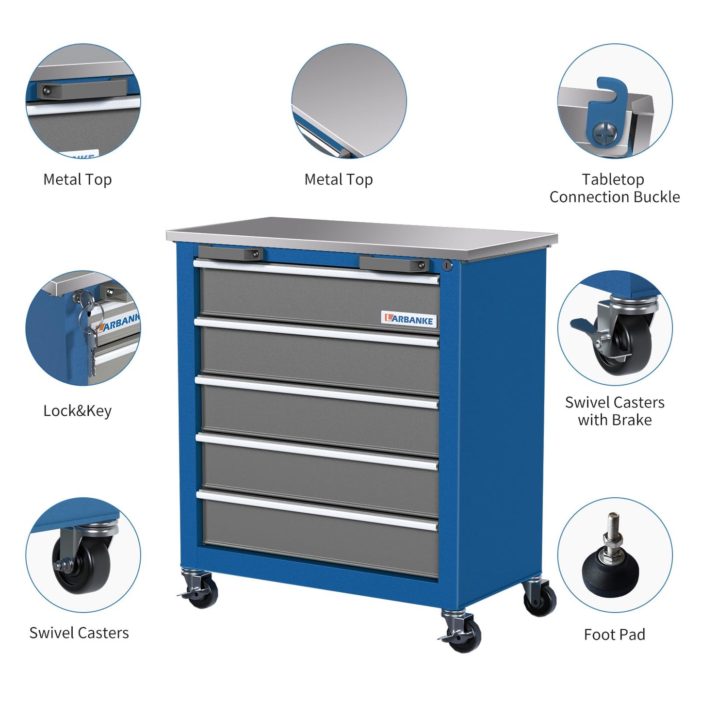 LARBANKE 5-Drawer Rolling Tool Chest,Tool Cabinet on Wheels with Keyed Locking System and Drawer Liners,Tool Chest with Link Buckle and can be Combined to Large Cabinet Set,for Warehouse,Garage
