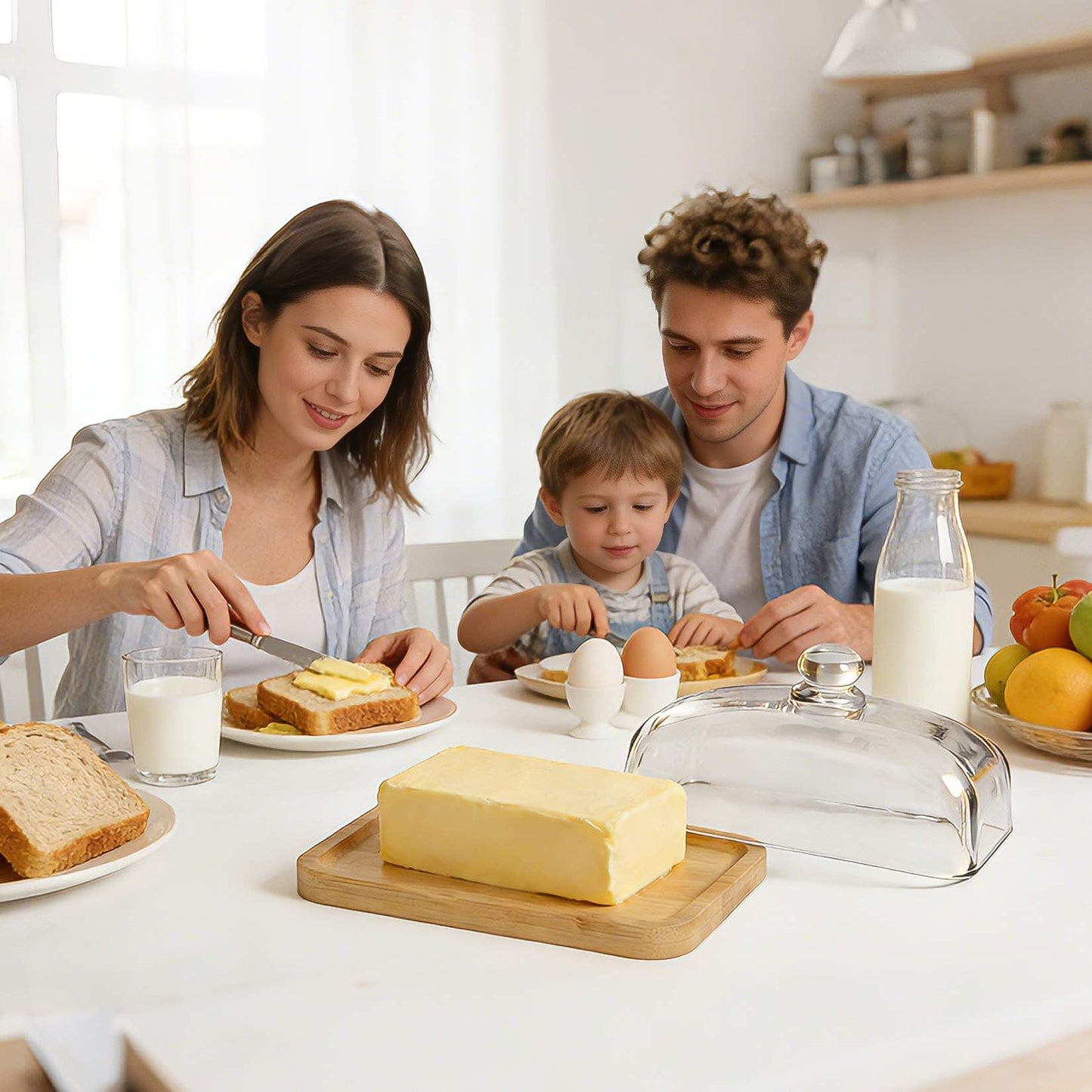 RingsTown‌ wide butter dish with glass lid with Easy-Grip Handle Lid & Natural Bamboo Base - Airtight Seal for Butter Storage Box for Kitchen Countertop and Dining Table to Keep Butter Fresh.