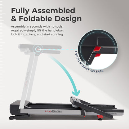 Sunny Health & Fitness Foldable 15 Level Auto Incline Treadmill, 20" Wide Running Belt, Quiet Brushless, Digital Display, 300 LB Weight Capacity, SunnyFit App Bluetooth Connection