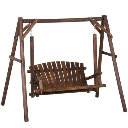 Outsunny 2-Seat Porch Swing with Stand, Wooden Patio Swing Chair Bench, for Garden, Poolside, Backyard, Brown