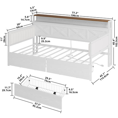 IRONCK Twin Size Daybed with Storage Drawers, Sturdy Metal Bed Frame with X-Shaped Headboard and Charging Station, Upholstered Farmhouse Daybed for Living Room, Bedroom, and Guest Room, White/Walnut