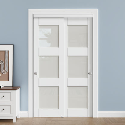 Paintable Sliding Closet Doors, 48" x 80" Bypass Slidng Door Panels with Hardware Kit, 3-Lite Frosted Glass Panle Door Slab Shaker for Bedroom/Closet/Barn - Assemble Required