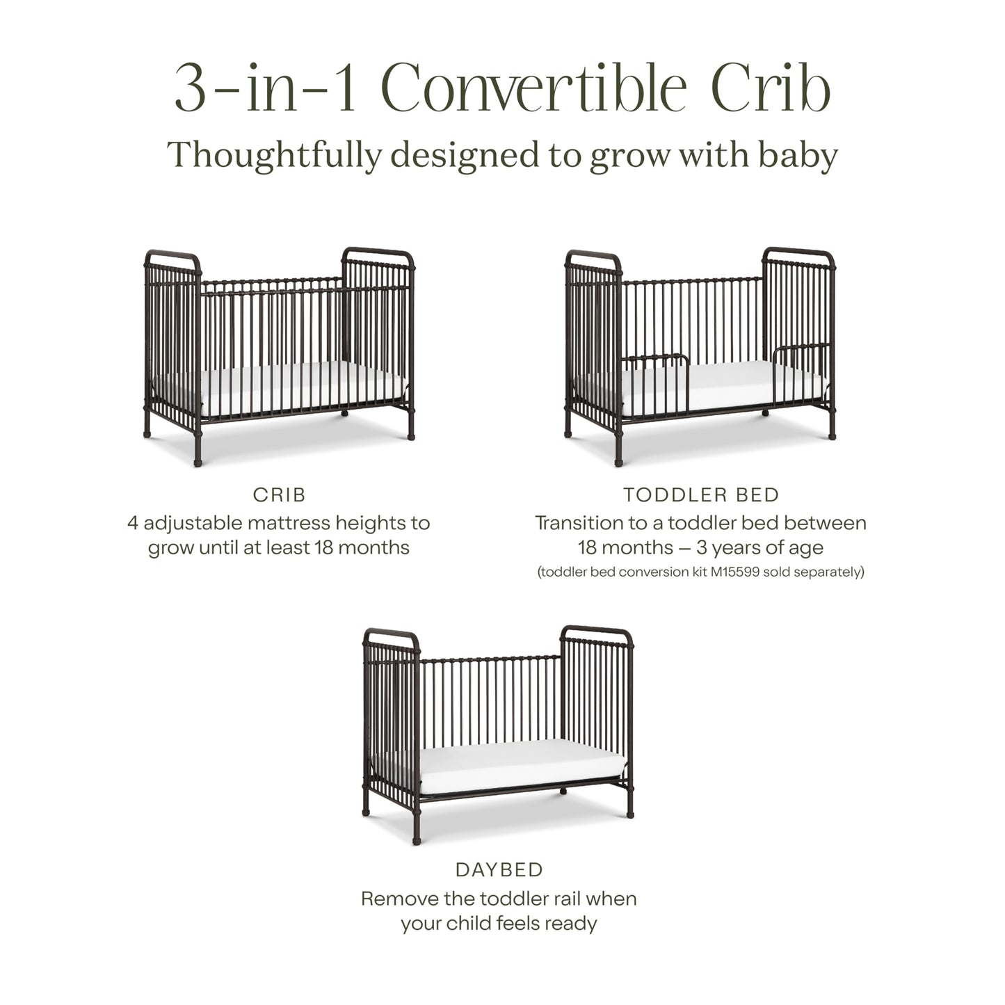 Namesake Abigail 3-in-1 Convertible Metal Crib in Vintage Iron, Greenguard Gold Certified