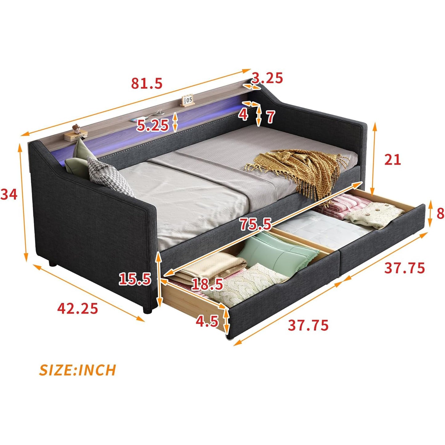 FAVSH Upholstered Daybed with Two Drawers and 2-Tier Storage Shelf, Twin Size Day Bed with USB & LED Light for Bedroom Apartment, Dark Grey
