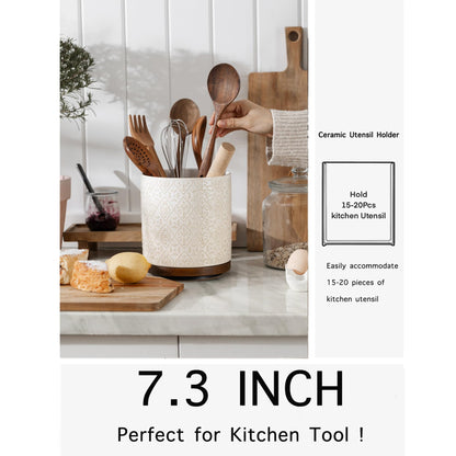 MIKIGEY Kitchen Utensil Holder, 360° Rotating Extra Large Ceramic Utensil Holder with Embossed Pattern, 7.3” Cooking Utensil Crocks for Kitchen Countertop, Home Decor, Off-White