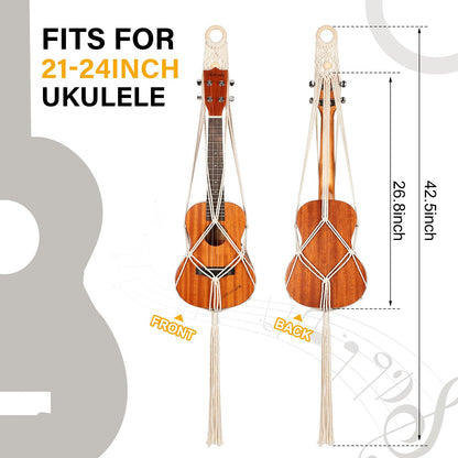 3 Pieces Macrame Ukulele Hanger Wall Mount, 21 to 24 Inches Boho Hanging Stand Holder for Soprano Case, Wall Decor Alternative Kit, Black Ring and Wooden Bead