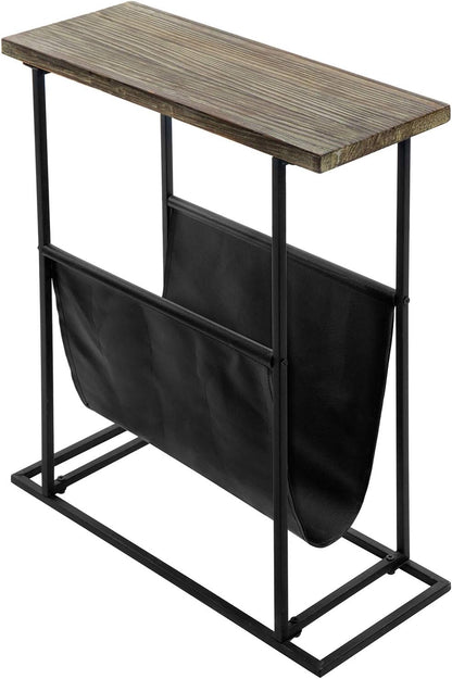 21 Inch MyGift Narrow Side Table for Small Spaces, Tall Slim End Table with Magazine Holder Sling, Wooden Narrow