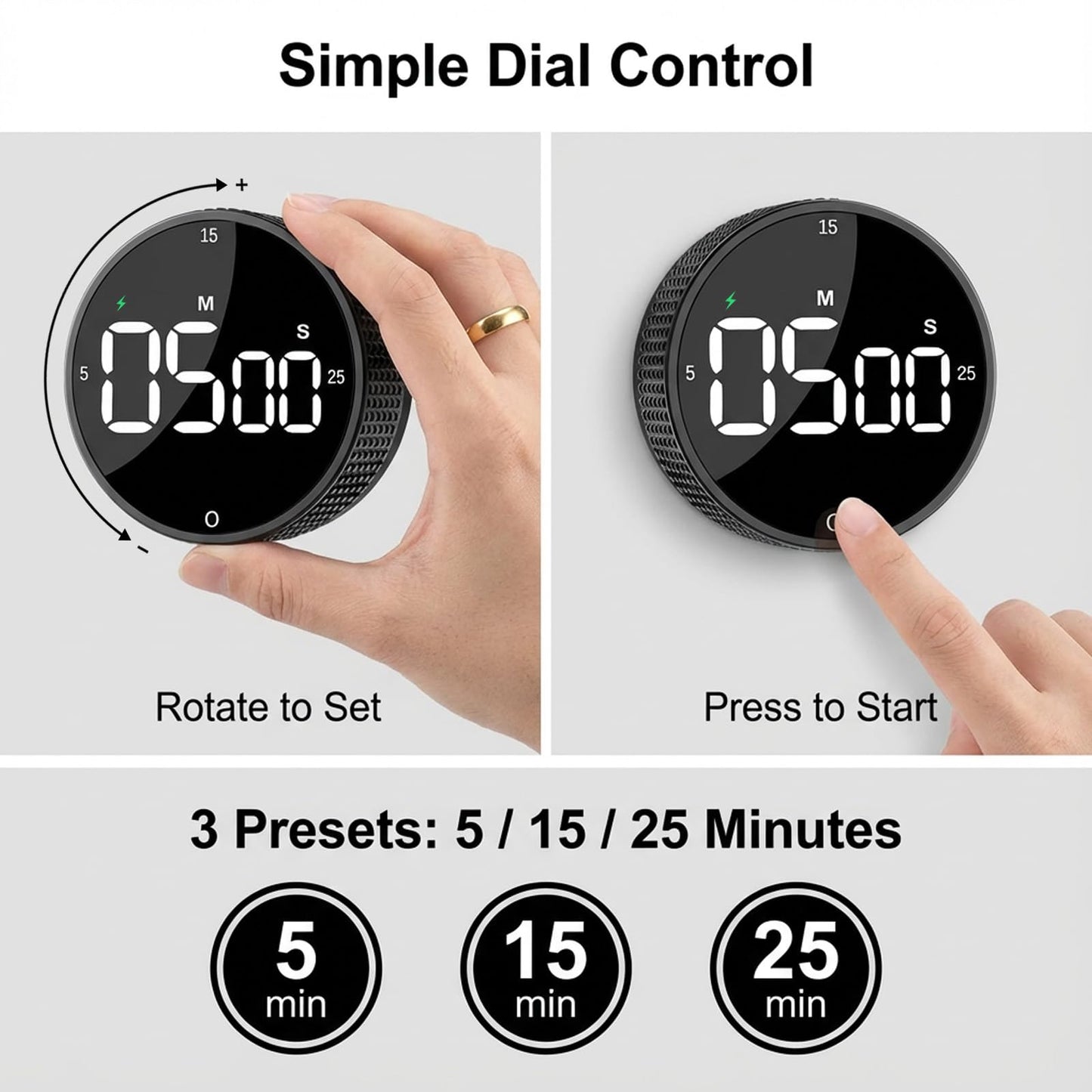 TLTWHS Rechargeable Magnetic Kitchen Timer, LED Countdown/Count-Up Timer, Supports USB-C Charging, with Loud Alarm, 3 Preset Quick Times (5/15/25m), Perfect for Kitchen Cooking, Studying, and Fitness