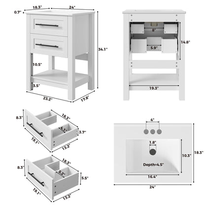LIKIMIO 24" Bathroom Vanity with Sink, Freestanding Bathroom Vanity with 2 U-Shaped Drawers & Open Shelf, Integrated Ceramic Sink, Modern Bathroom Storage Cabinet for Small Space, Easy Assembly, White
