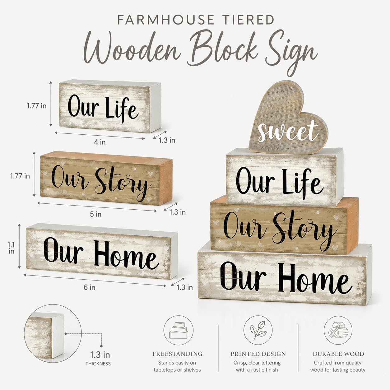 4 Pcs Farmhouse Table Decor, Wooden Heart Tiered Tray Decorations with Sweet Home Sign, Rustic Our Life Our Story Our Home Decor for Table, Kitchen, Office, Mantel, Shelf, Housewarming Gift