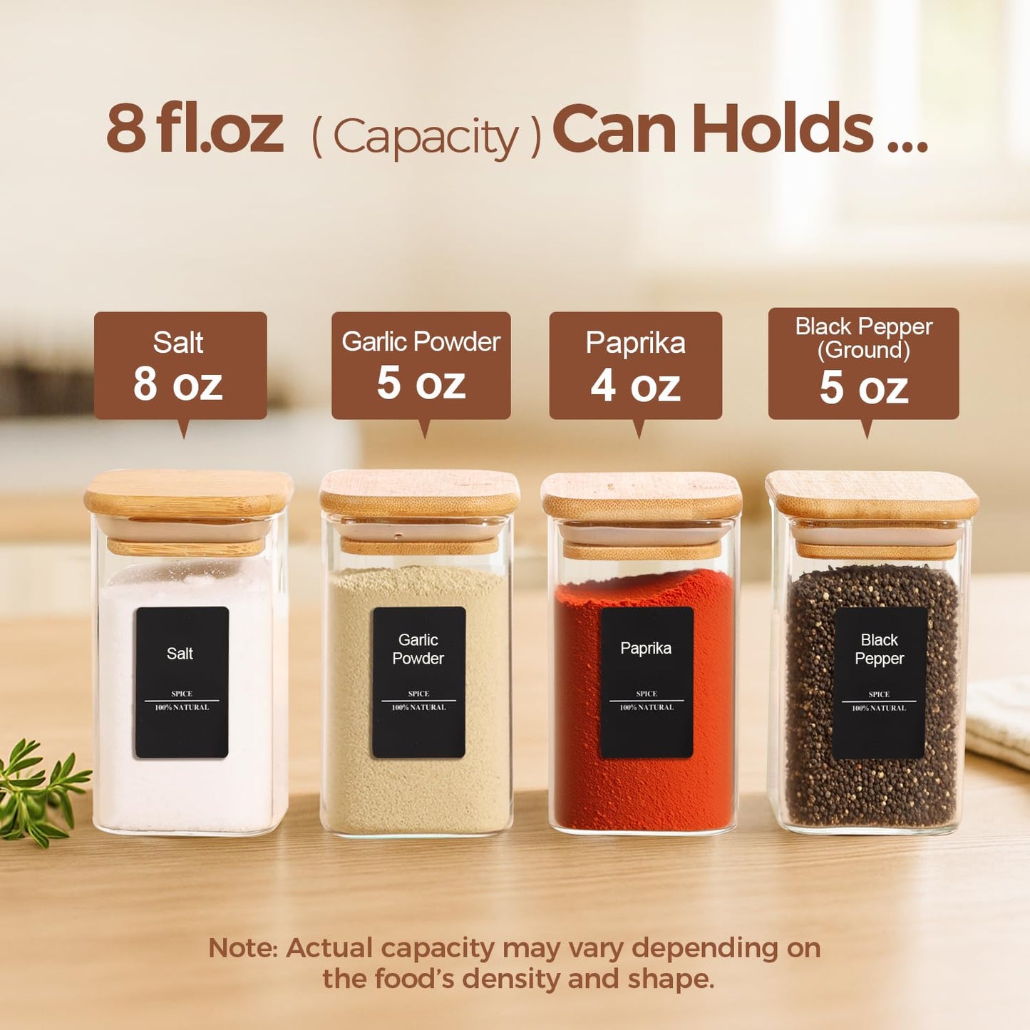 ComSaf 16Pcs Glass Spice Jars with Bamboo Lid, 4oz Airtight Square Spice Containers with 275 Black Lables, Empty Seasoning Jars for Spice Salt Sugar