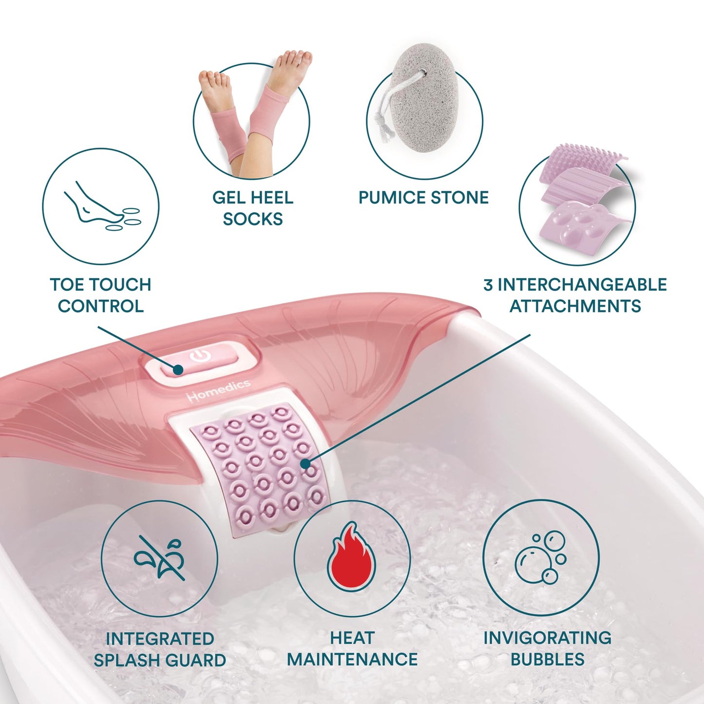 Homedics Bubble Bliss Deluxe Foot Spa with Heat Massaging Arch, 3 Acupressure Attachments, Splash Guard, Raised Nodes Creates Bubbles, Improves Circulation, Soothe Tired Muscles, Built-in Storage