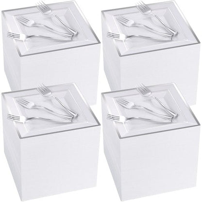 Gandeer 300 Pcs Square Plastic Plates with Forks Set Include 150 Disposable 6.5 Inch Dessert Plates Heavy Duty and 150 Plastic Appetizer Forks for 150 Guests Weddings Party Supplies(Silver)