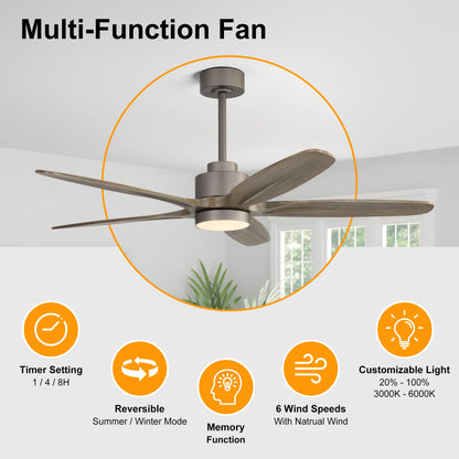 WINGBO 54" Ceiling Fan with Light - 5 Carved Solid Wood Blades, 6-Speed Reversible DC Motor, Dimmable, 3CCT, Noiseless Remote Control Ceiling Fans with Lights for Bedroom Living Room, Charcoal Gray