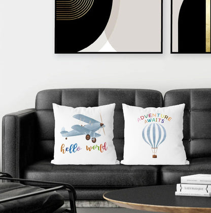 16x16 Set 2, Hot Air Balloon Airplane Nursery Decor, Hello World Adventure Awaits Airplane Hot Air Balloon Pillow Case