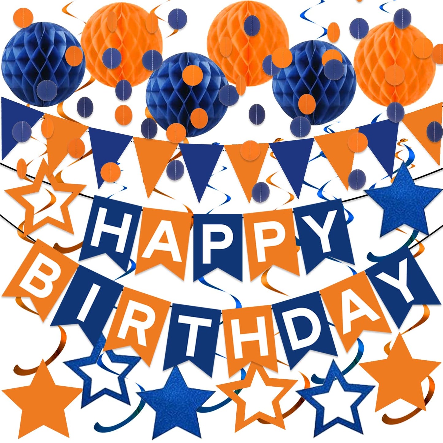 WODEMAYAA Blue & Orange Birthday Party Decorations - Happy Birthday Banner, Honeycomb Balls, Swirls, Circle Dot Garland, Triangle Flags Bunting