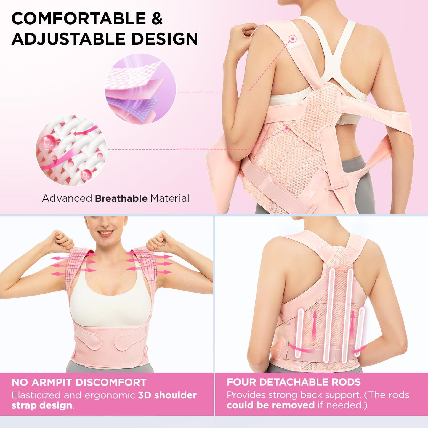 Vicorrect Posture Corrector for Women and Men: Back Support Brace Upper Back Shoulders Pain Relif (Pink, Large)