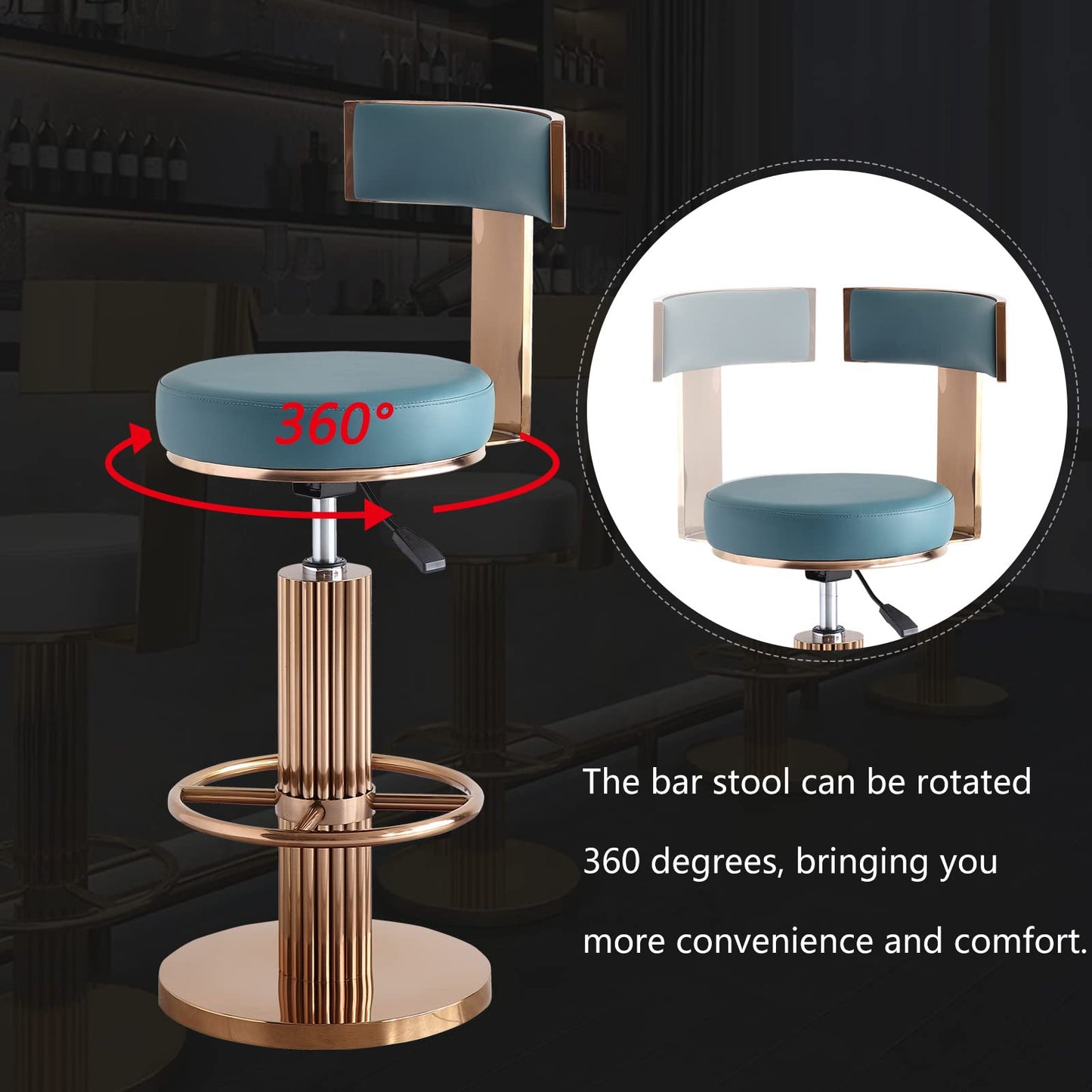 FUNROLUX Swivel Bar Stools with Backrest, Modern Adjustable Height Counter Stool with Stainless Steel Legs and Comfortable Cushion, Rose Bar Chairs for Kitchen Island Counter (Blue)